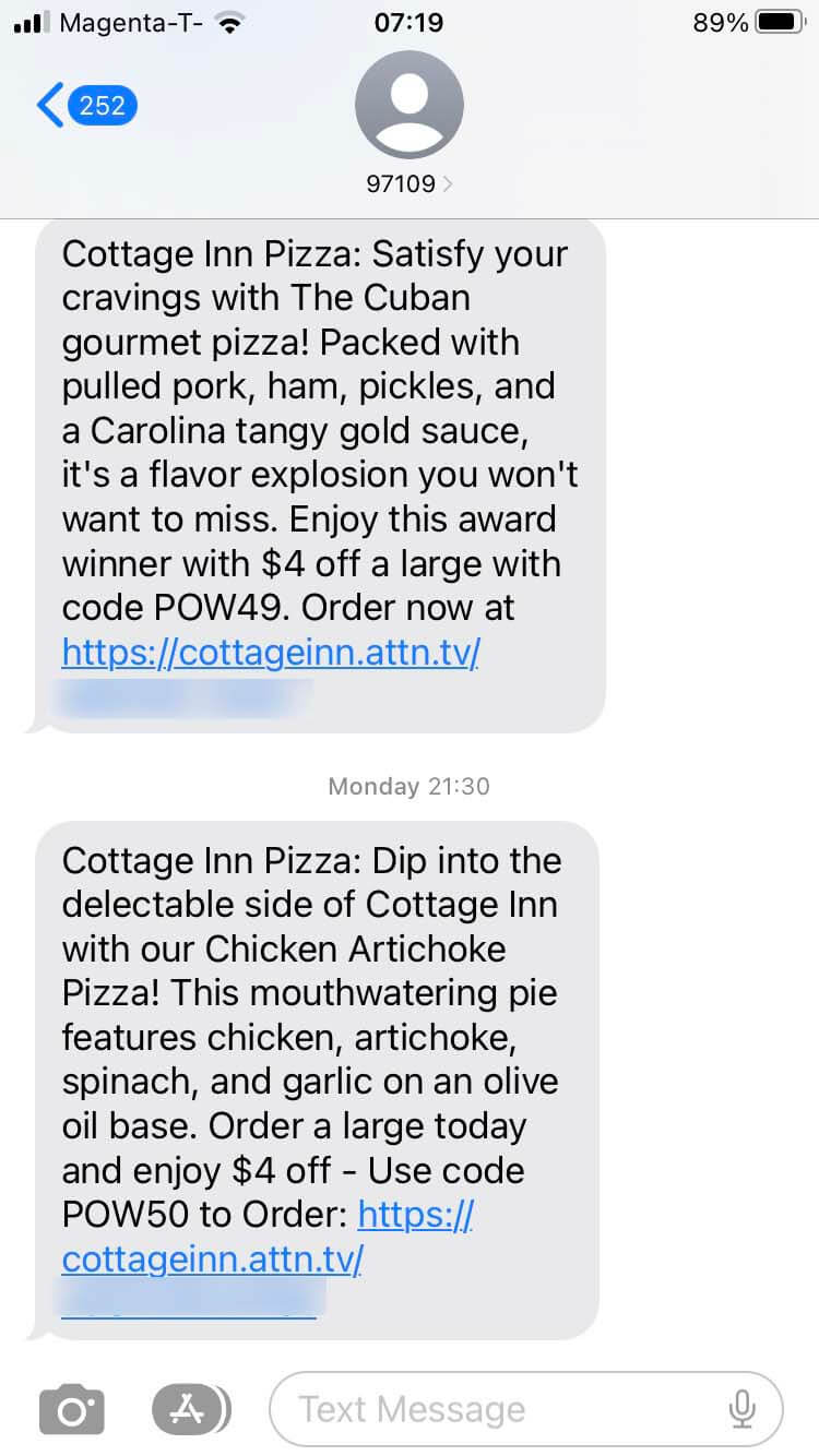 Short Code Cottage Inn Pizza text messaging